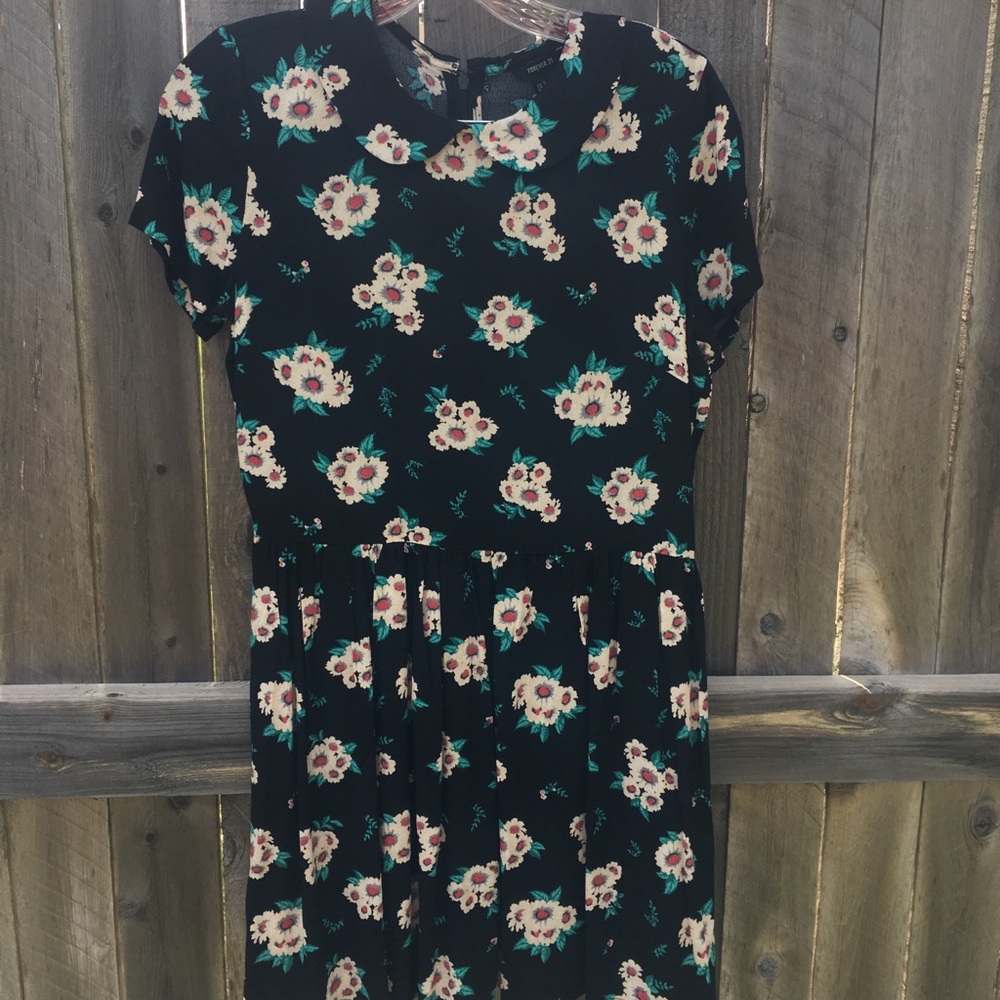 Black Skater Dress with White and Pink Flowers